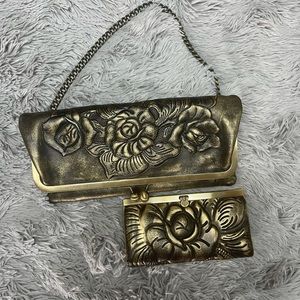 Patricia Nash Black/Gold Floral Tooled Purse and Cauchy Wallet
